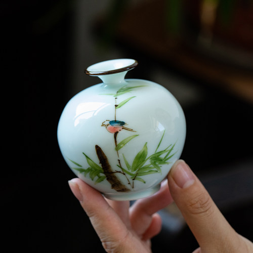 景德镇手绘竹叶小鸟手工陶瓷花瓶居家中式摆件干花花器摆书桌