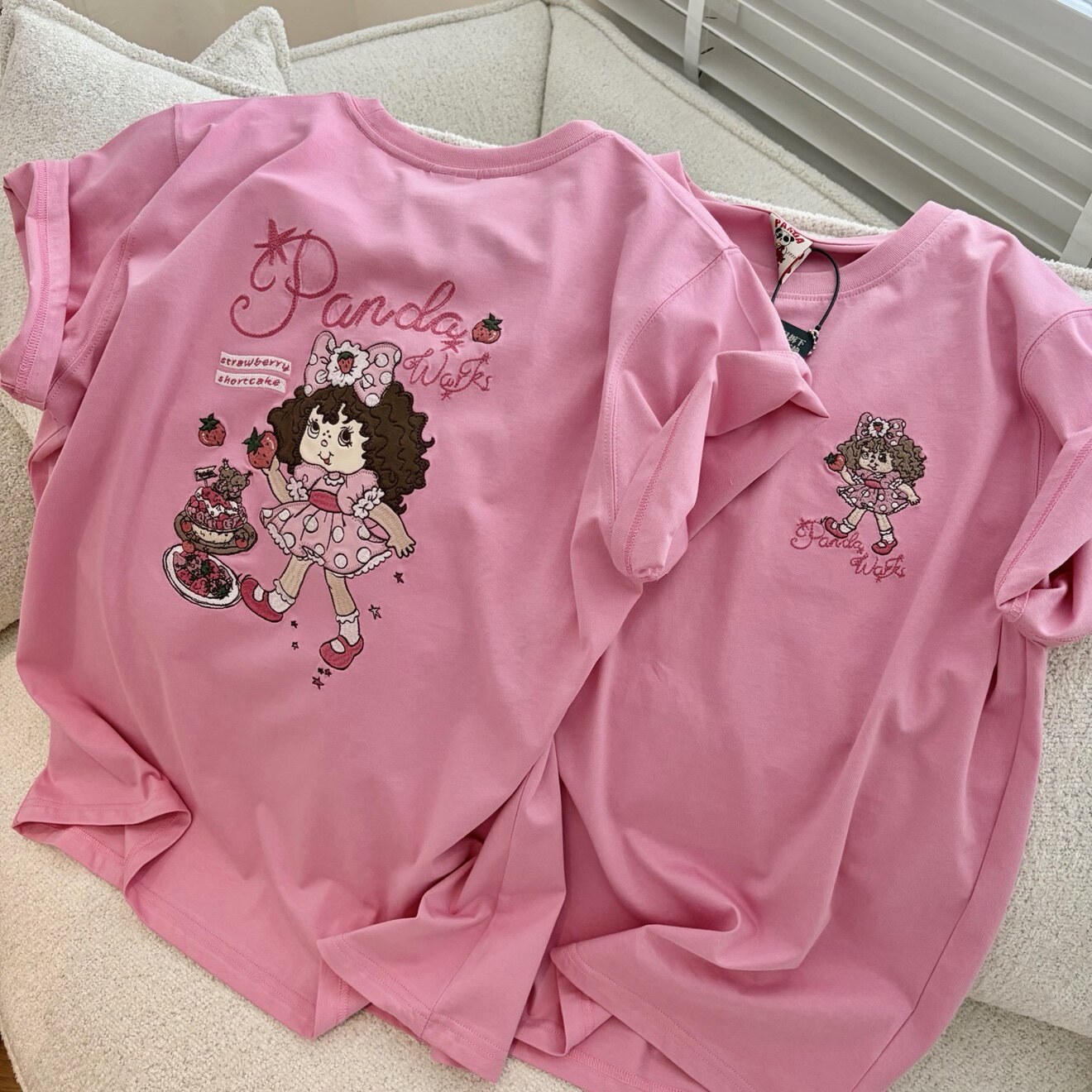 Pandawarks【草莓女孩】 纯棉休闲刺绣透气宽松显瘦甜妹风半袖T恤