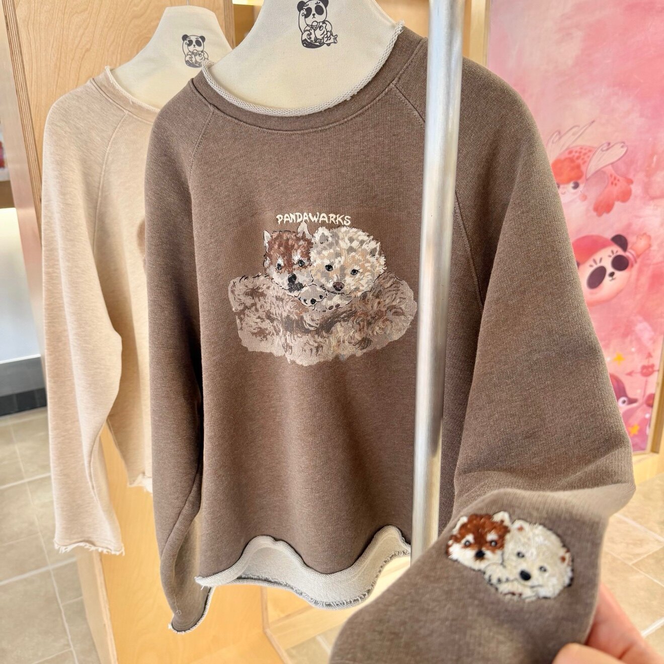 PANDAWARKS圆领插肩袖毛边松弛复古水彩印花纯棉毛圈宽松韩系卫衣