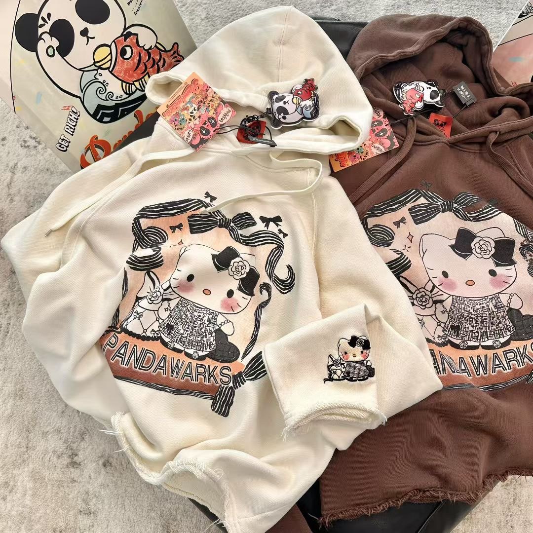Pandawarks纯棉毛圈水洗卷边慵懒精致小香风连帽减龄显瘦潮牌卫衣