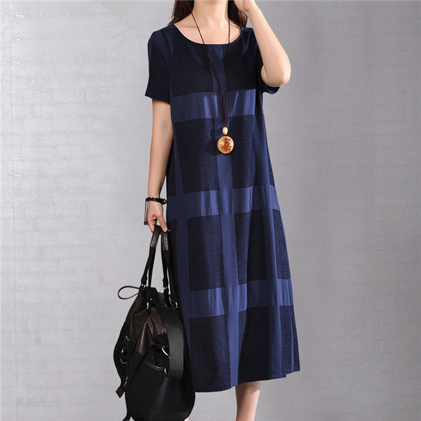 2018夏季女士棉麻方格连衣裙长款宽松大码a型
