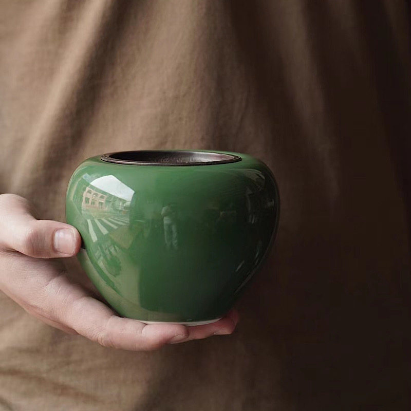 半斋造物 郎窑绿郎绿海浪纹锡盖苹果尊建水渣水盂景德镇手工茶具