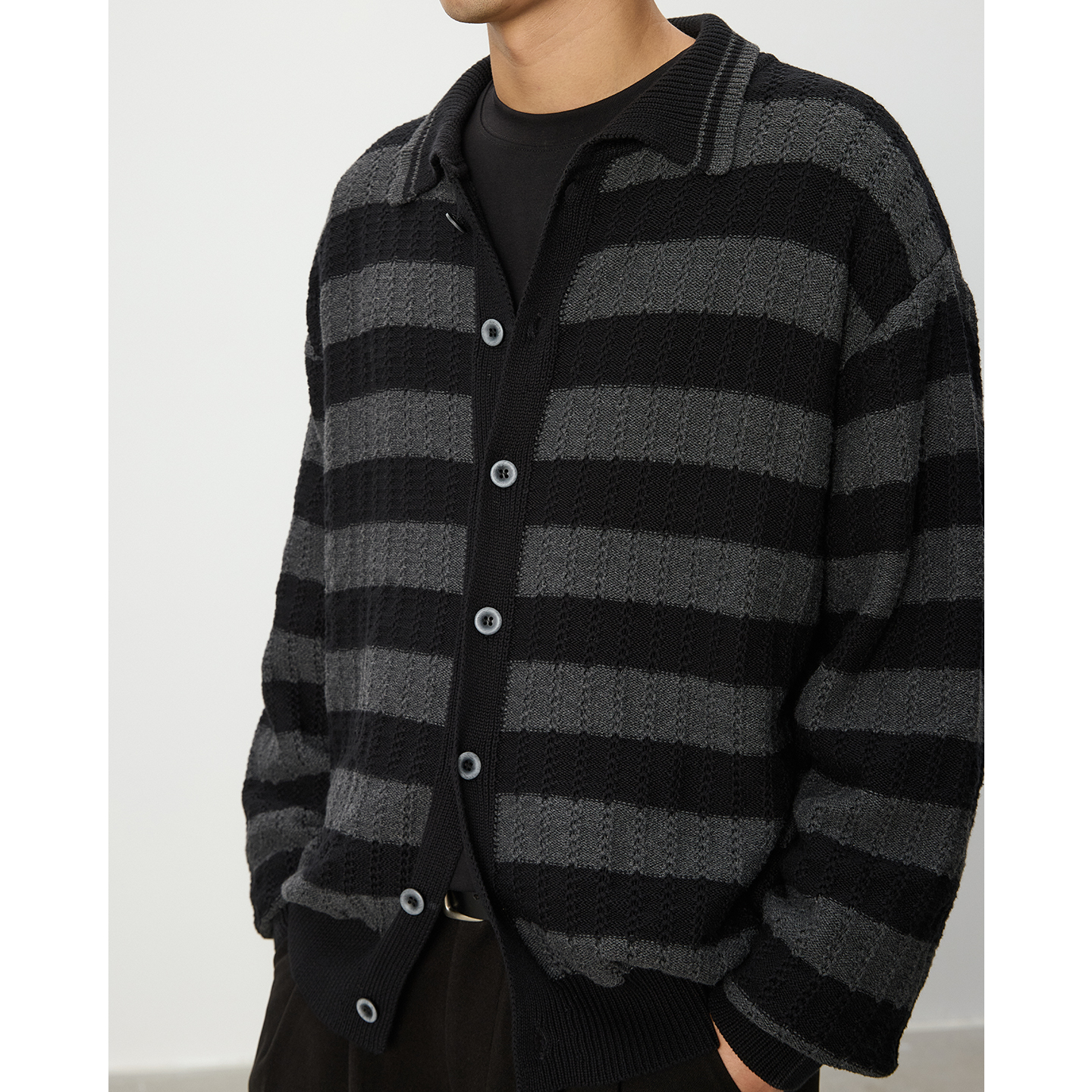 阿宅AZHAI 秋冬日系宽松百搭条纹毛衣开衫外套男女潮流针织衫POLO