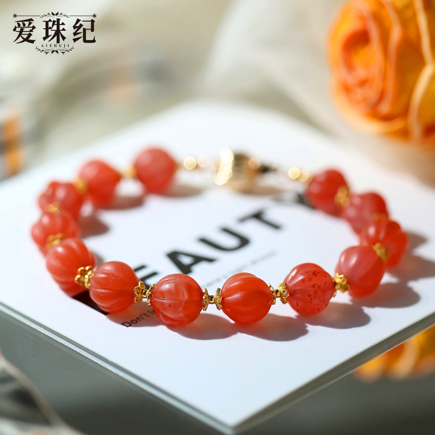 爱珠纪水晶设计 S925银款冰种飘花南红玛瑙蜜瓜珠手串F1-237