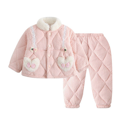 女童棉服冬季三层加绒加厚牛奶绒睡衣女孩保暖立领棉袄外套家居服