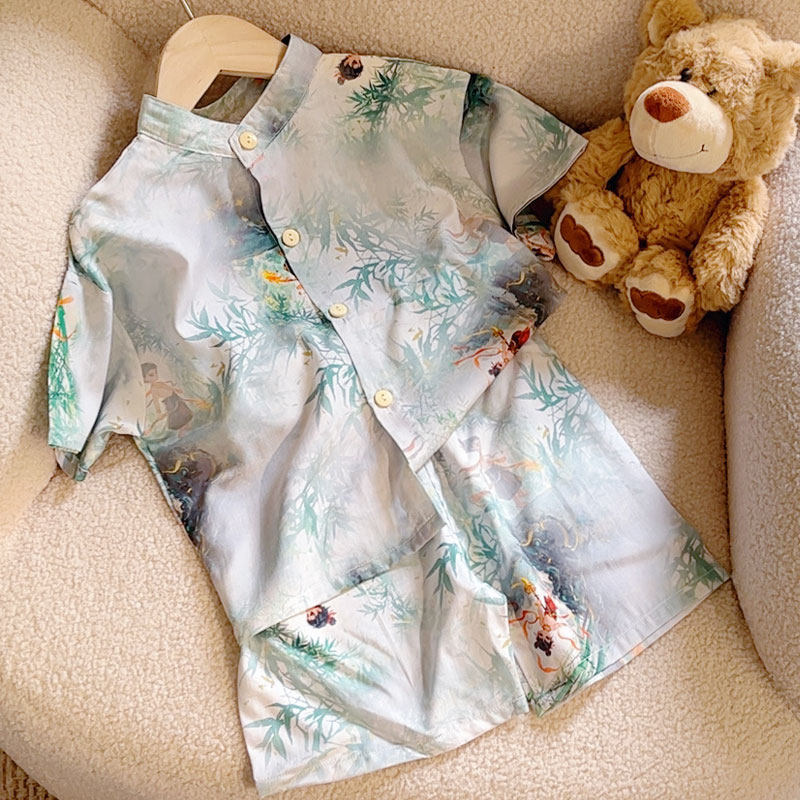 男童夏季薄睡衣韩版休闲衬衫开衫短袖短裤棉绸男孩子可外出家居服