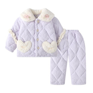 冬季女童厚实睡衣加绒加厚儿童睡衣小女孩牛奶绒公主风家居服套装