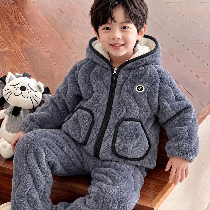 冬季儿童睡衣男童女童法兰绒加厚款连帽家居服青少年外穿拉链睡衣