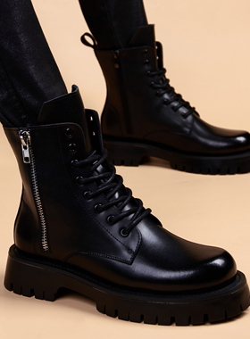 皮靴男真皮大头英伦风中帮马丁靴男黑色内增高冬季加绒高帮皮鞋男