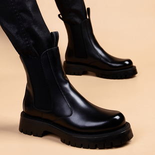 冬季 皮靴男真皮英伦风潮流黑色中帮马丁靴内增高套脚加绒高帮男鞋