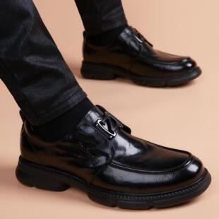 男士休闲皮鞋头层牛皮商务正装英伦风温州真皮一脚蹬套脚乐福男鞋