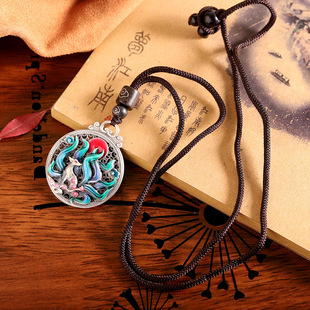 复古民族风景泰蓝珐琅彩九尾狐无事牌吊坠女民族风情侣款项链礼物
