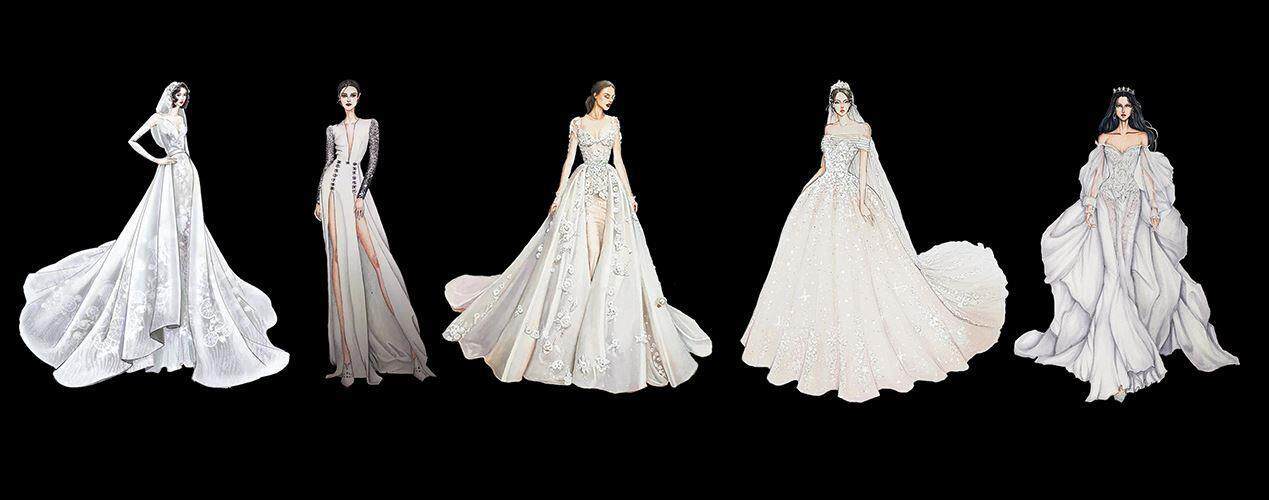 5款婚礼手绘纯白新娘效果图psd源文件分层素材设计婚庆道具婚纱