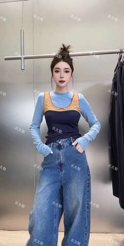 2026早秋新款撞色拼接假两件修身百搭打底衫女装拼色T恤衫小众女