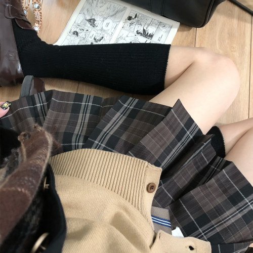 花千猪新品 可可栗格裙  jk制服校供感a字型百褶裙棕格秋冬款jk裙