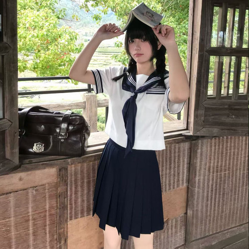 花千猪原创 津原中水手服 日系关西襟白三本基础jk制服长短袖套装