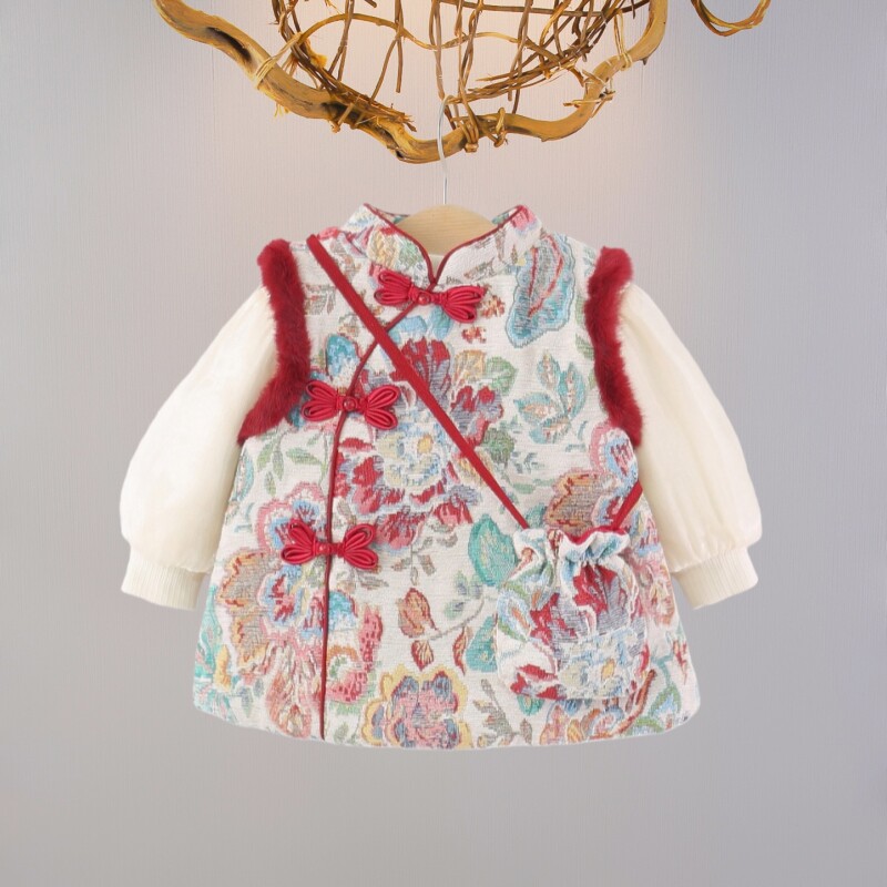 女宝宝秋冬加绒旗袍裙子婴儿冬装新款加厚新年喜庆生日保暖两件套