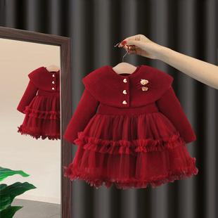 女童连衣裙秋冬装婴儿新款加绒宝宝儿童生日周岁红色礼服公主裙子