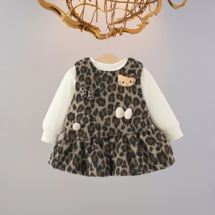 女童秋冬加绒连衣裙0一4周岁女宝宝厚款 豹纹两件套洋气婴儿公主裙