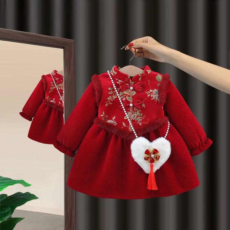 女童加绒年服裙红色连衣裙