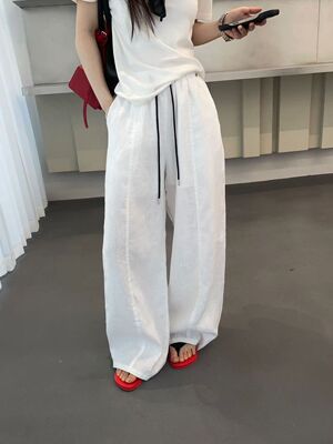 QBS1059慵懒风休闲高腰亚麻裤夏显瘦薄款弯刀裤休闲裤麻料裤女