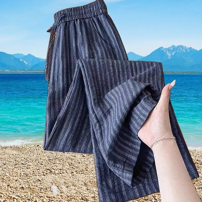 慵懒松弛感条纹棉麻阔腿裤女夏复古宽松垂感小个子休闲直筒九分裤
