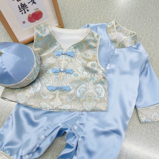 百天宝宝衣服婴儿满月宴服新中式周岁礼服秋冬男国风抓周连体服