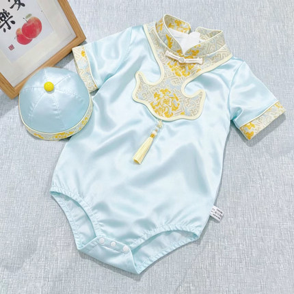 婴儿满月衣服桑蚕丝百日宴连体男宝宝周岁包p礼服新中式抓周服
