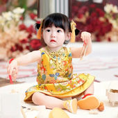 洋气金色旗袍冠衣百天唐装 周岁礼服女宝宝抓周宴连衣裙秋季 新中式