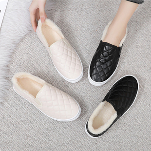 韩版时尚平底棉鞋女秋冬季2023新款加绒保暖懒人皮面防水休闲板鞋