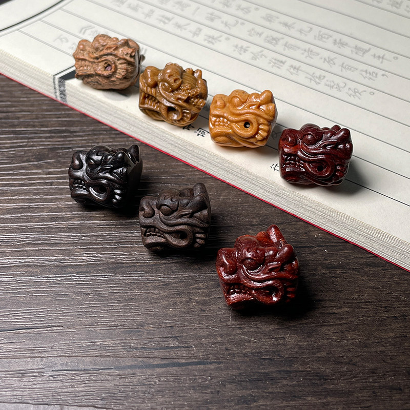 红木檀木小配饰木质雕刻龙头三通20mmDIY散件配饰佛珠配件配饰