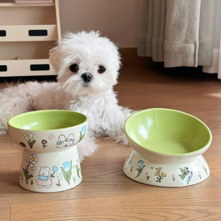 花边猫碗可爱绿兔子水碗套装猫罐头食盆陶瓷斜口狗粮碗猫咪防打翻