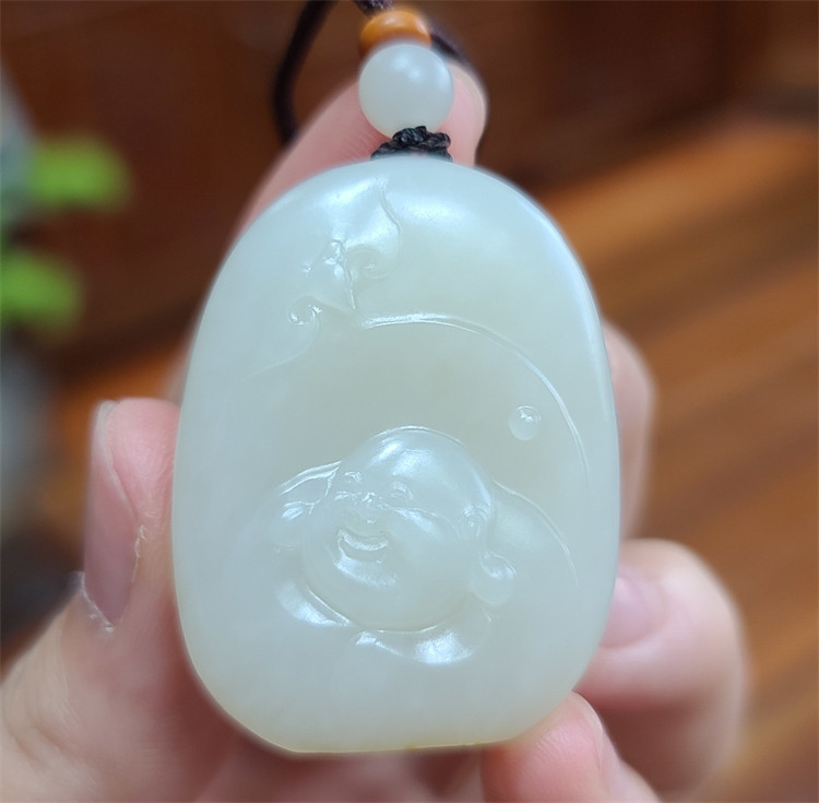 新疆和田白玉籽料弥勒佛平安无事牌宝宝锁吊坠挂件 xx14034  W