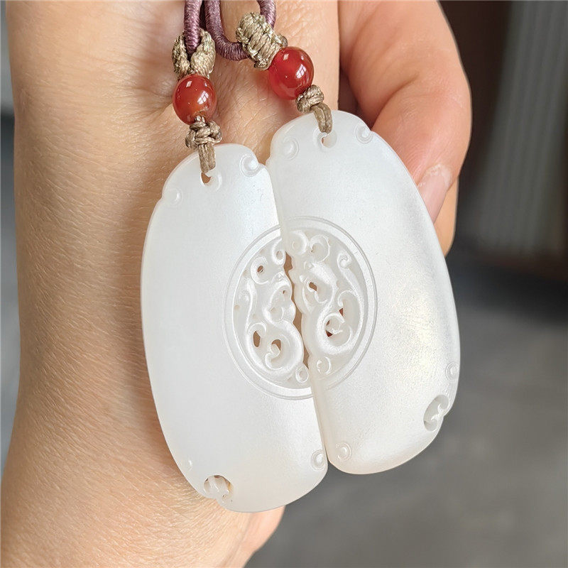 新疆和田白玉山料龙凤对牌挂件平安无事牌平安扣W