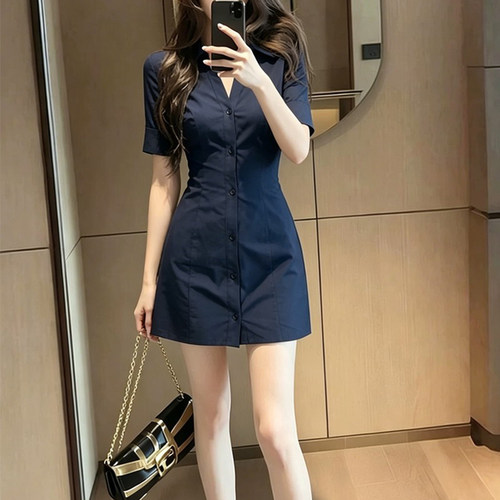 夏季小个子复古通勤风V领短款裙子收腰显瘦气质高级感包臀连衣裙