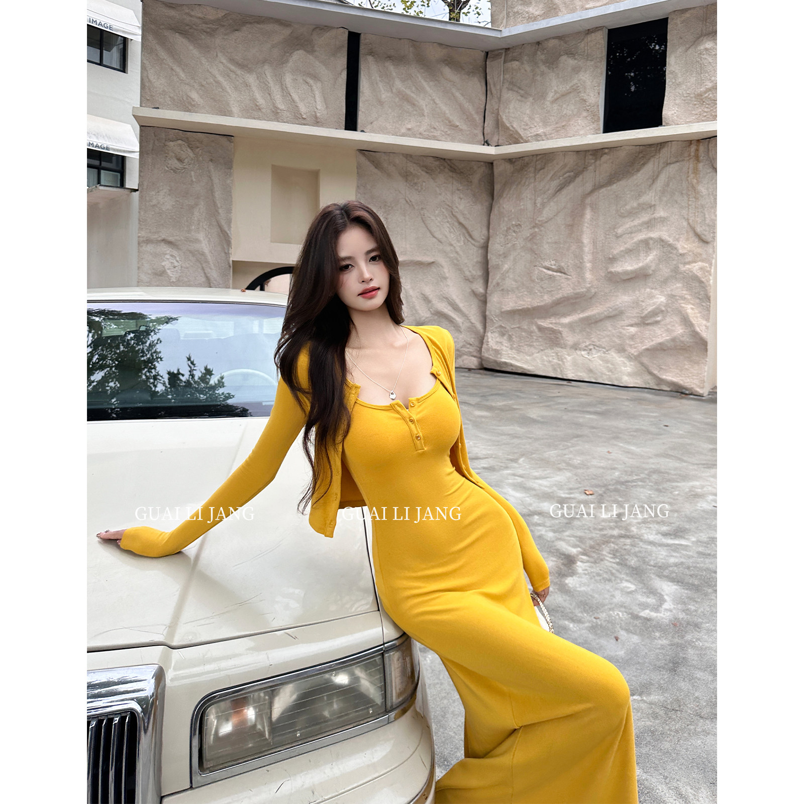 怪力酱 法式性感吊带连衣裙女春季纯欲紧身长袖开衫收腰a字包臀裙