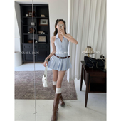 露背无袖 怪力酱法式 绝美v领挂脖百褶连衣裙女春季 辣妹收腰a字短裙