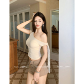 t恤女夏设计感收腰飘带露肩短款 怪力酱 斜肩双穿蕾丝短袖 辣妹上衣