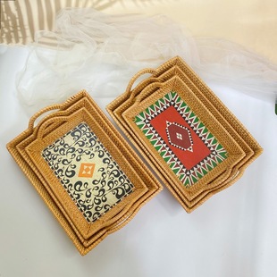 印花越南藤编水果篮子提耳托盘复古美式中式桌面零食面包干收纳篮