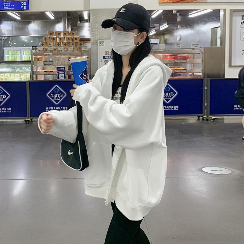 外套开衫卫衣女冬连帽加绒加厚中长款遮屁股宽松大码显瘦180斤胖M