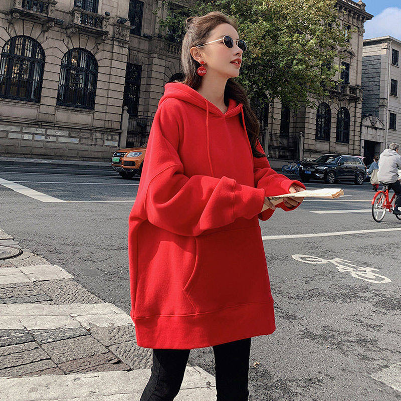 红色卫衣女连帽中长款遮PP宽松大码显瘦180斤MM加绒加厚纯色简约