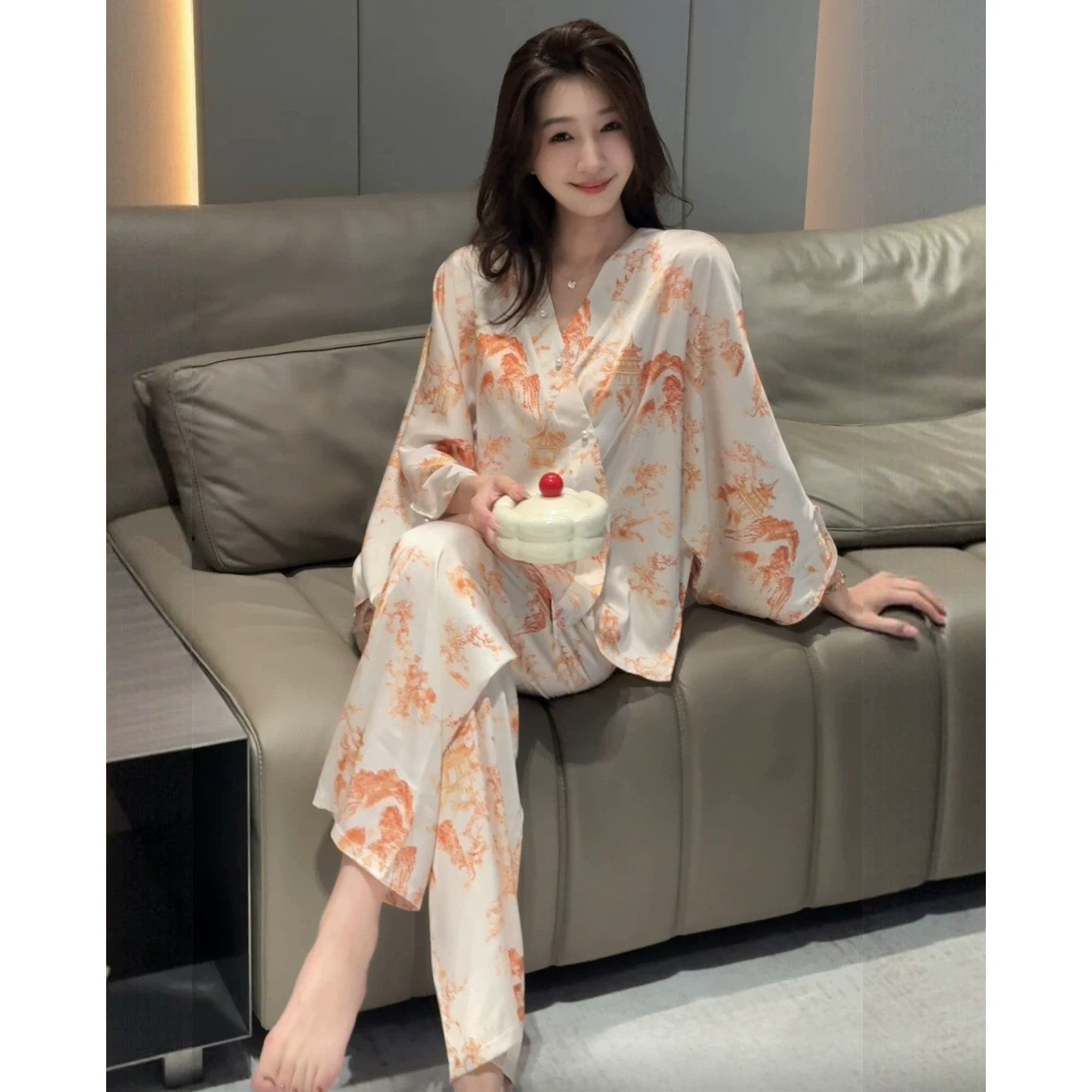 新中式桑蚕丝女睡衣套装可外穿