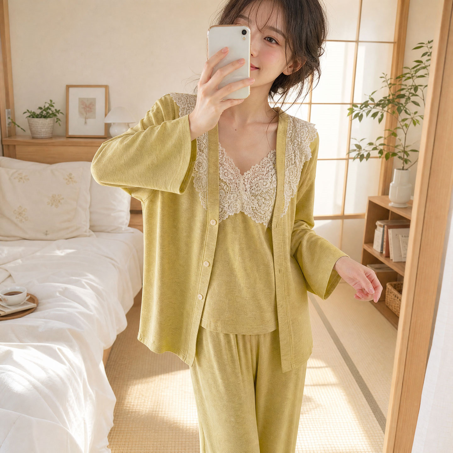 莫代尔V领带胸垫女睡衣三件套