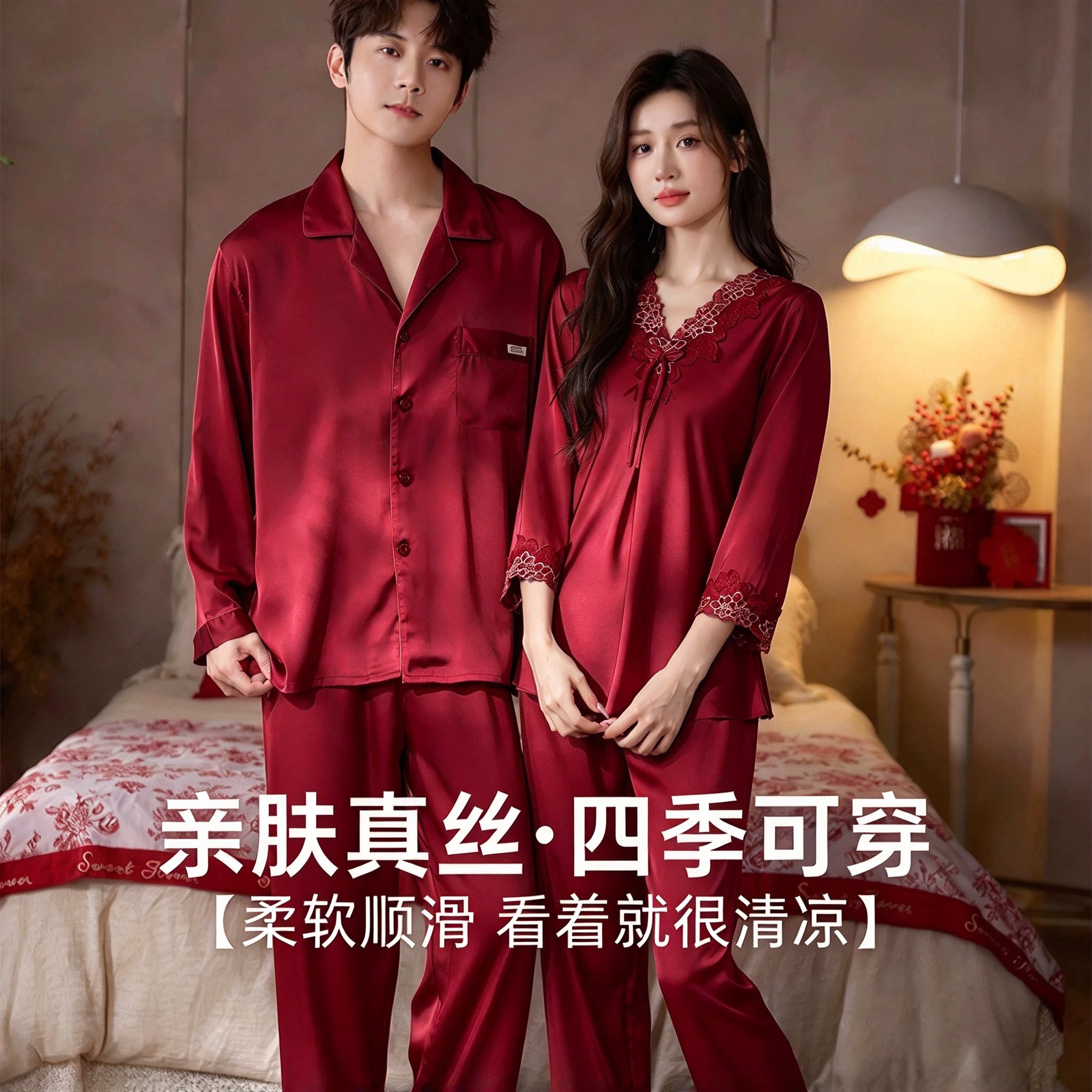 新婚本命年情侣真丝蕾丝睡衣套装