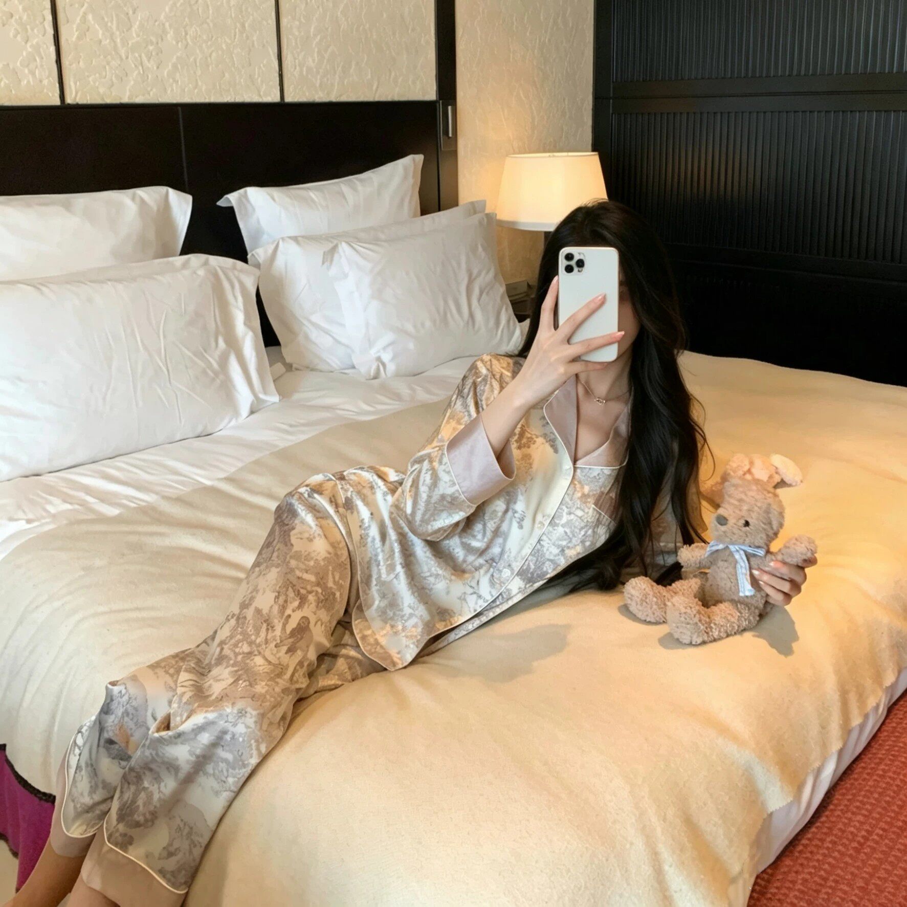 真丝女士春秋薄款长袖睡衣套装