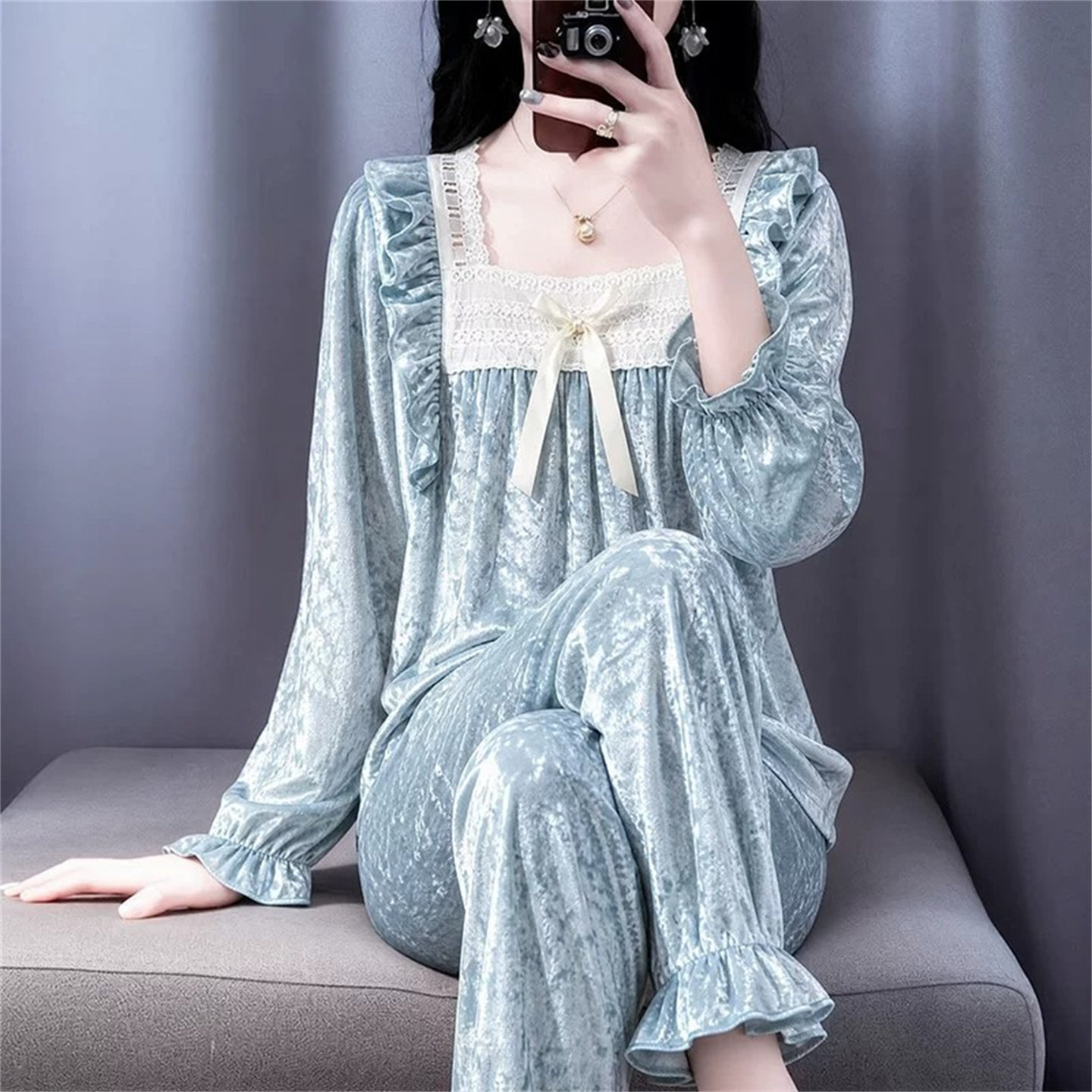 法式金丝绒宫廷风秋冬睡衣套装女