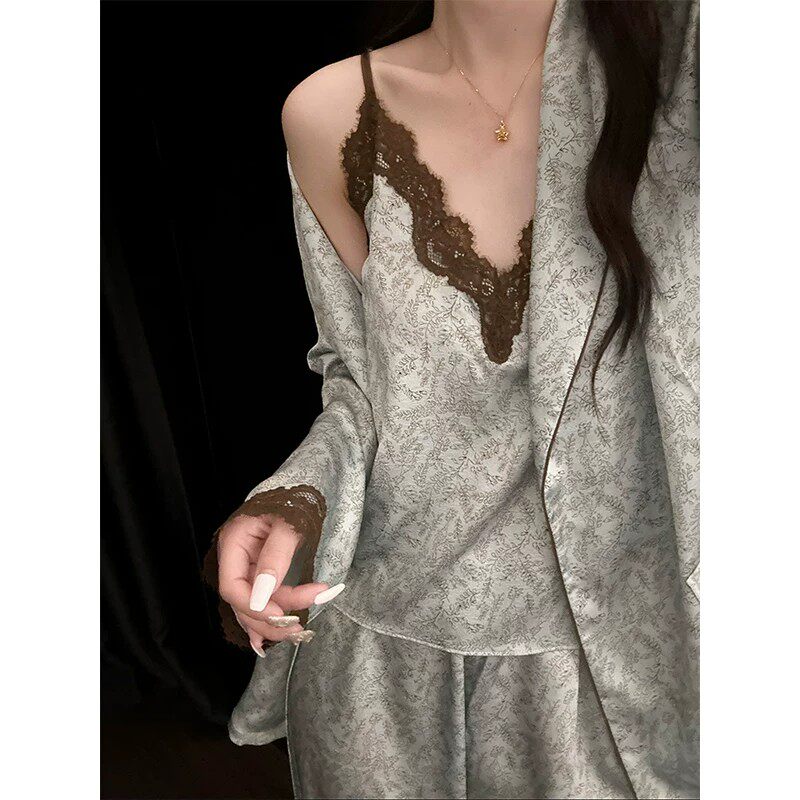 轻奢真丝印花蕾丝可外穿睡衣套装