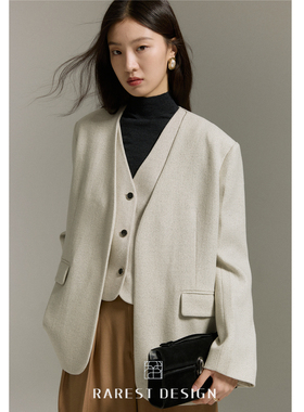 RAREST设计/初剪羊毛雪花点混纺无领宽肩西装+马甲两件套