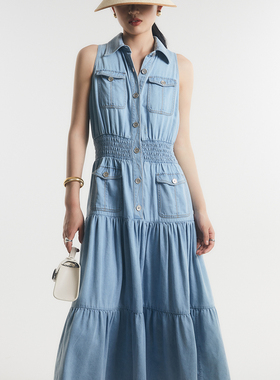 RAREST 本期强推!醋酸天丝清凉夏日 层叠大摆无袖牛仔连衣裙长裙