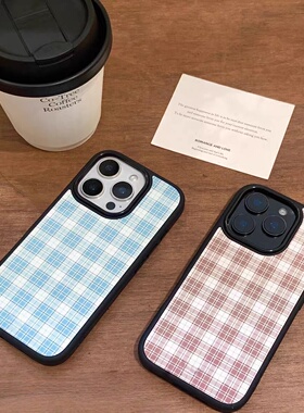 ins风个性原创秋冬格纹适用苹果17promax玻璃手机壳iphone16pro新款1314pro创意15pro全包防摔手机套高级感
